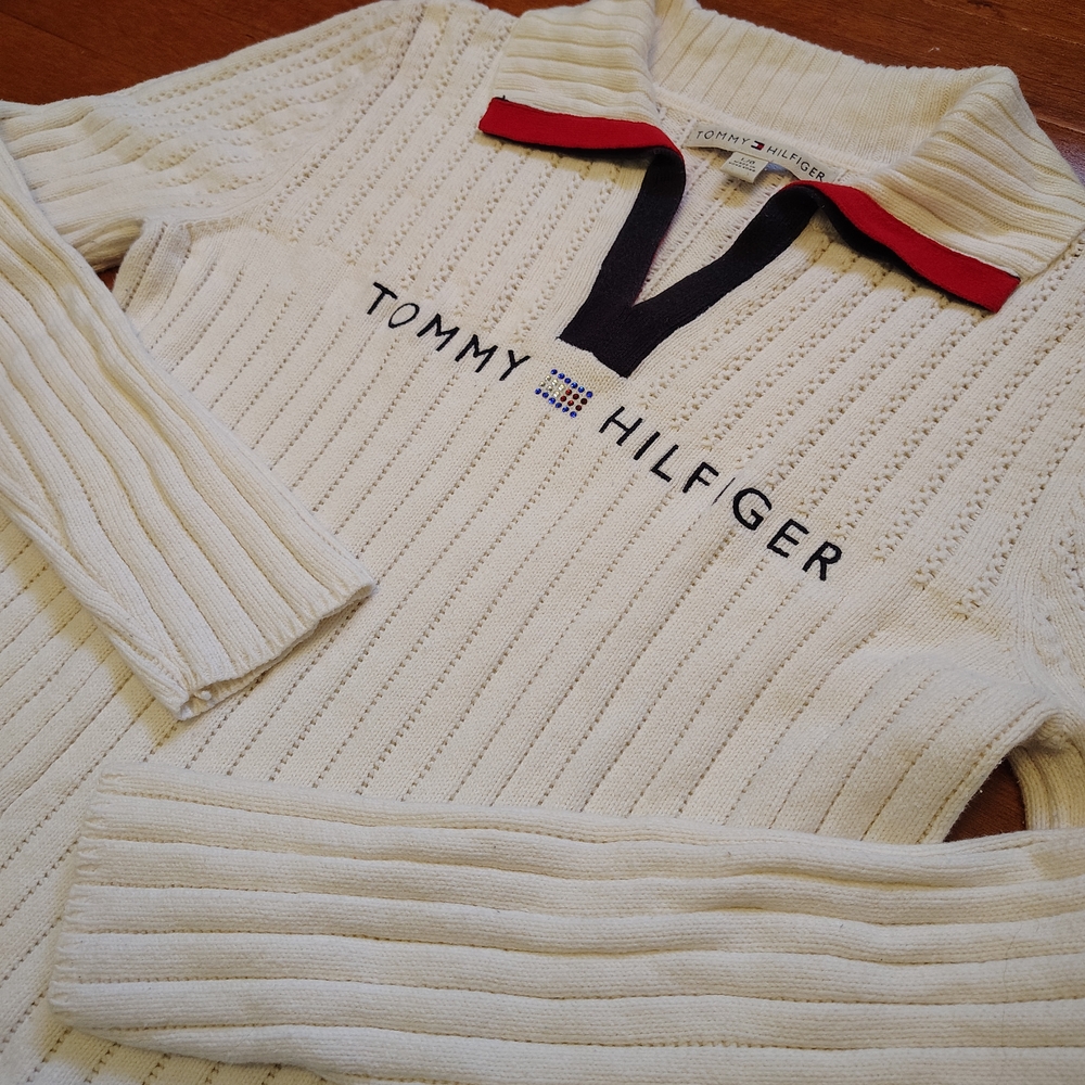 Y2K Vintage 2005 Tommy Hilfiger Ribbed Sweater with Rhinestone Flag- Large